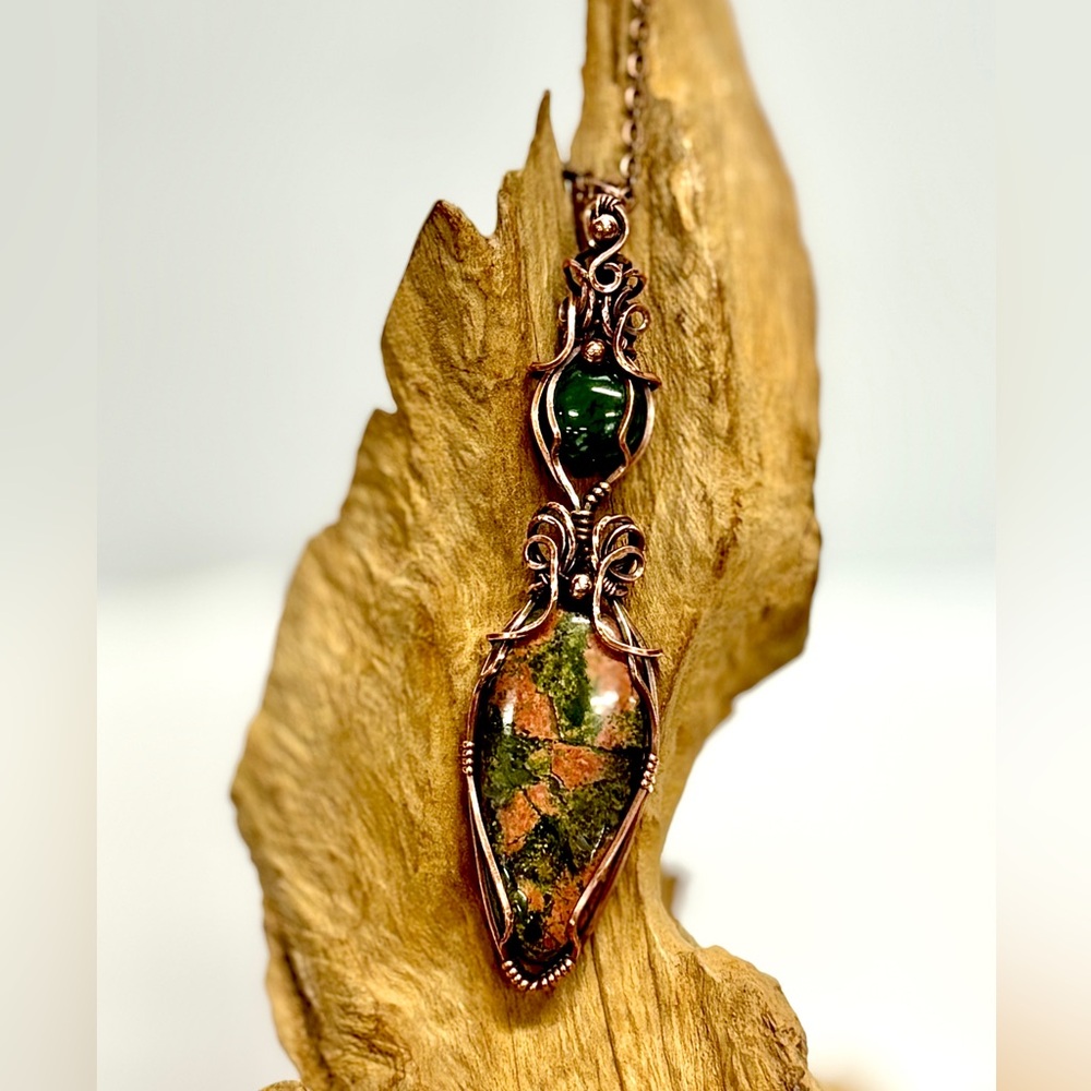 HAND CRAFTED Unakite Vintage Jade Wire Wrapped Copper Statement Necklace